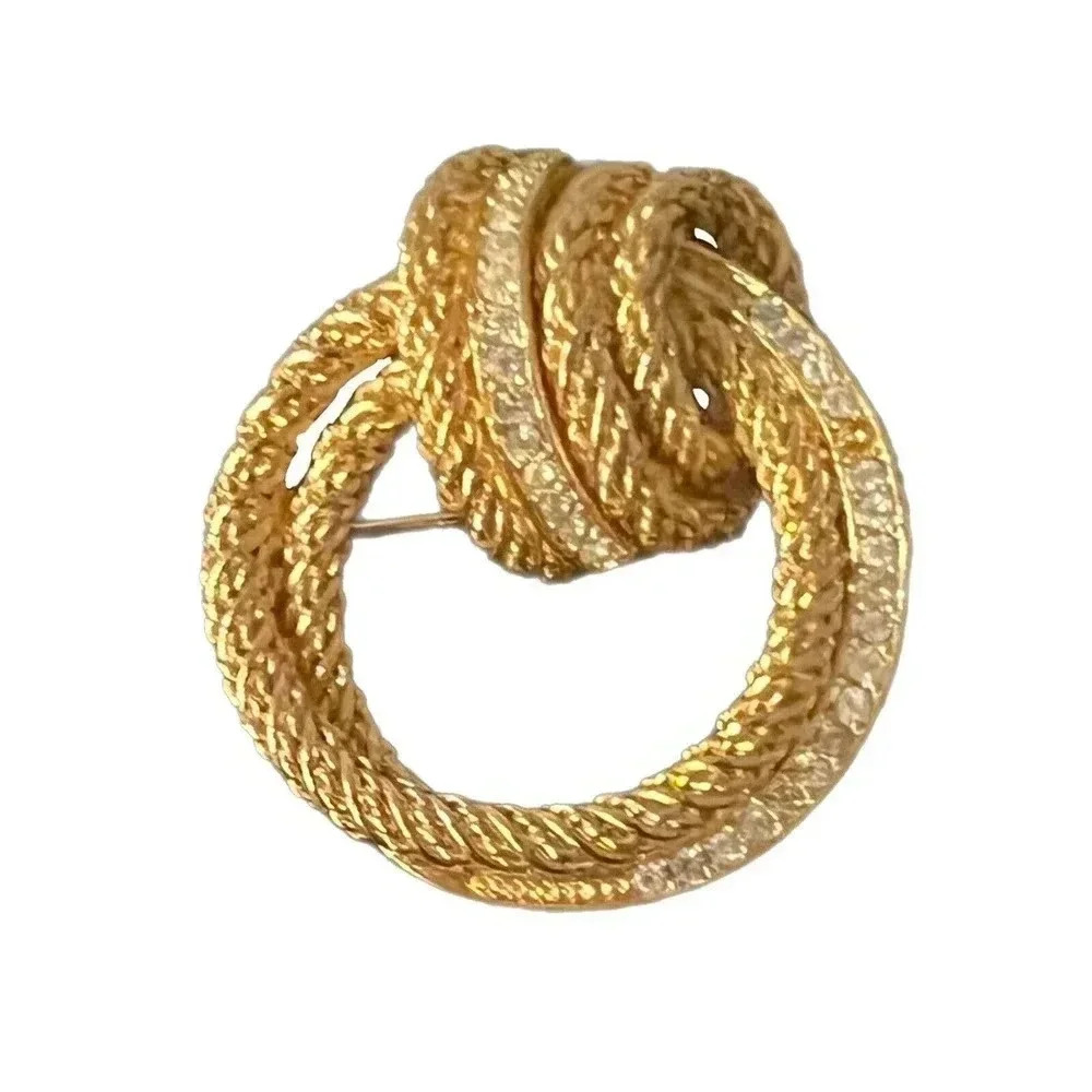CHRISTIAN Dior Vintage Round Circle Knot Clear Rhinestone Gold Tone Brooch - Picture 3 of 6